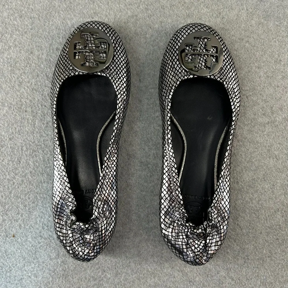 Tory Burch Platinum Silver Embossed Reva Leather Flats Slip On Shoes Size 7.5 M